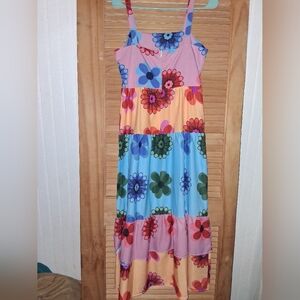 Sunday Floral Patchwork Tiered Maxi Dress in Pink, Blue, Orange & Green